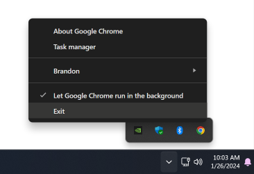 Fully exiting Chrome from the Windows status bar
