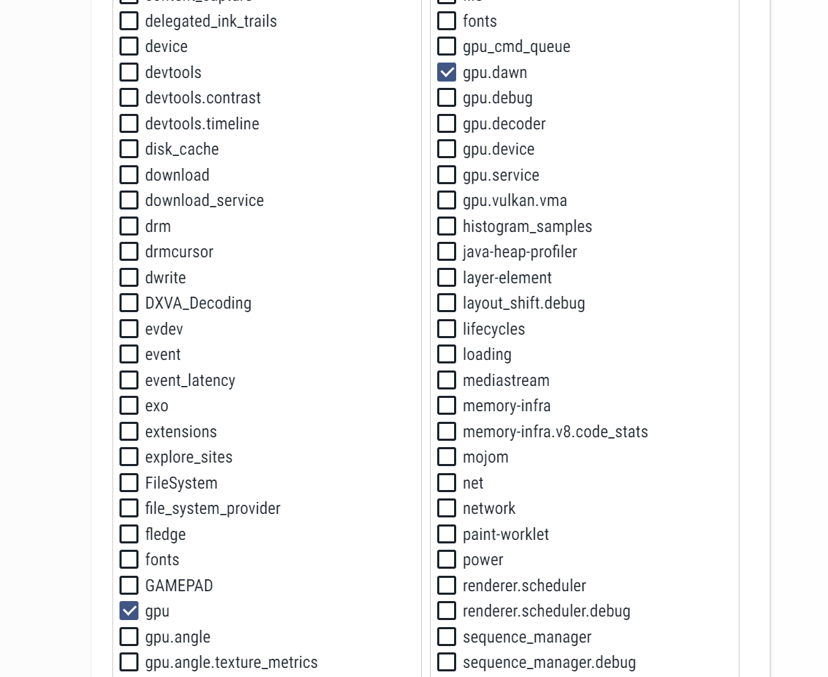 A screenshot of the perfetto categories most useful for profiling WebGPU pages