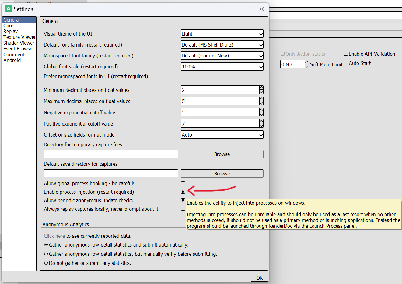 The RenderDoc Settings menu