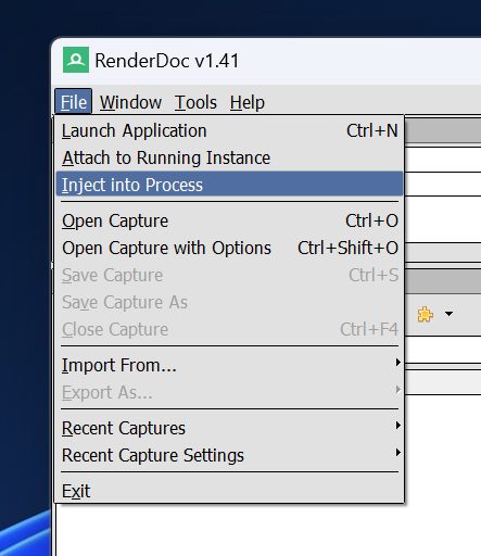 RenderDoc Inject into Process menu