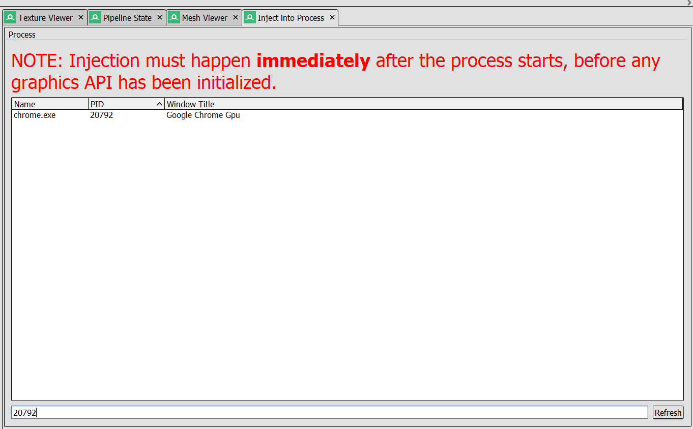 RenderDoc Process List