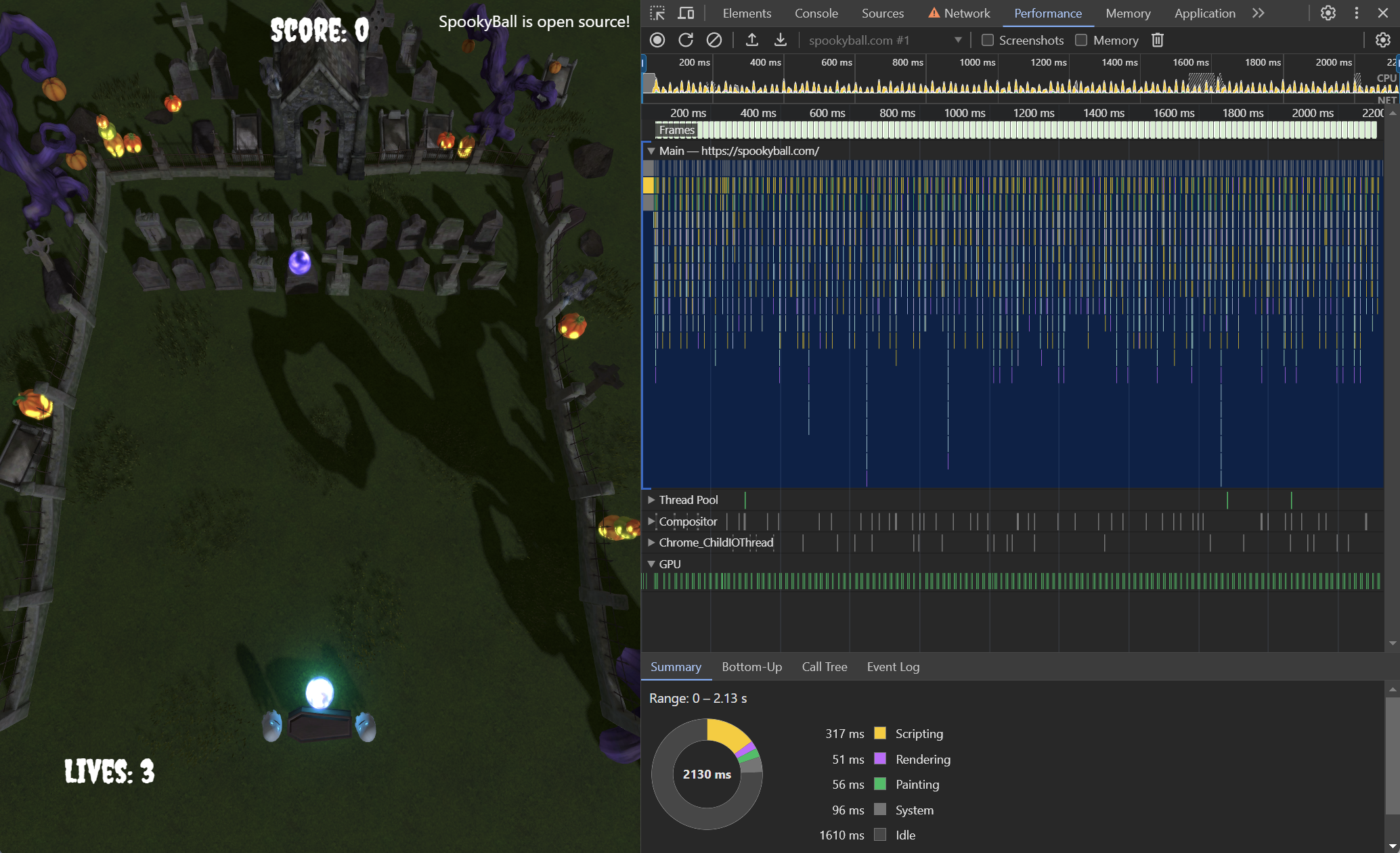 A screenshot of Chrome dev tools showing a flame graph from capturing a spookyball gameplay