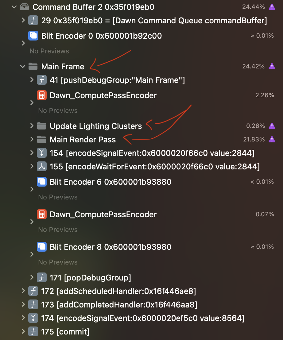 Xcode capture showing debug groups