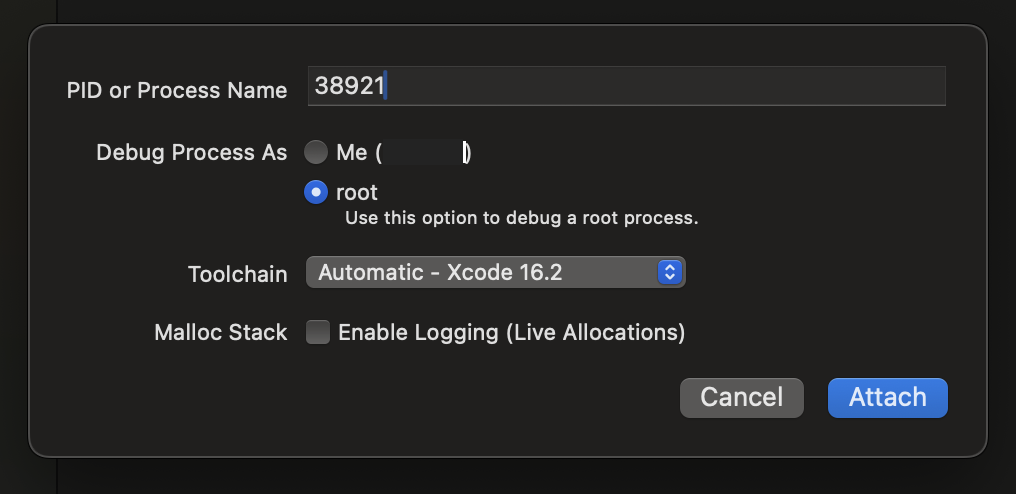 Xcode attach process ID dialog