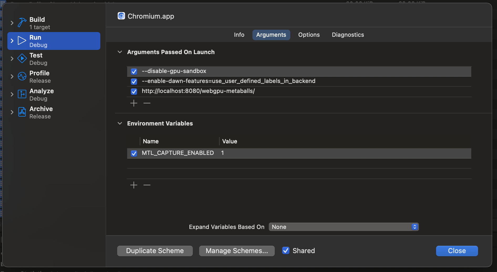 Xcode Scheme Arguments tab