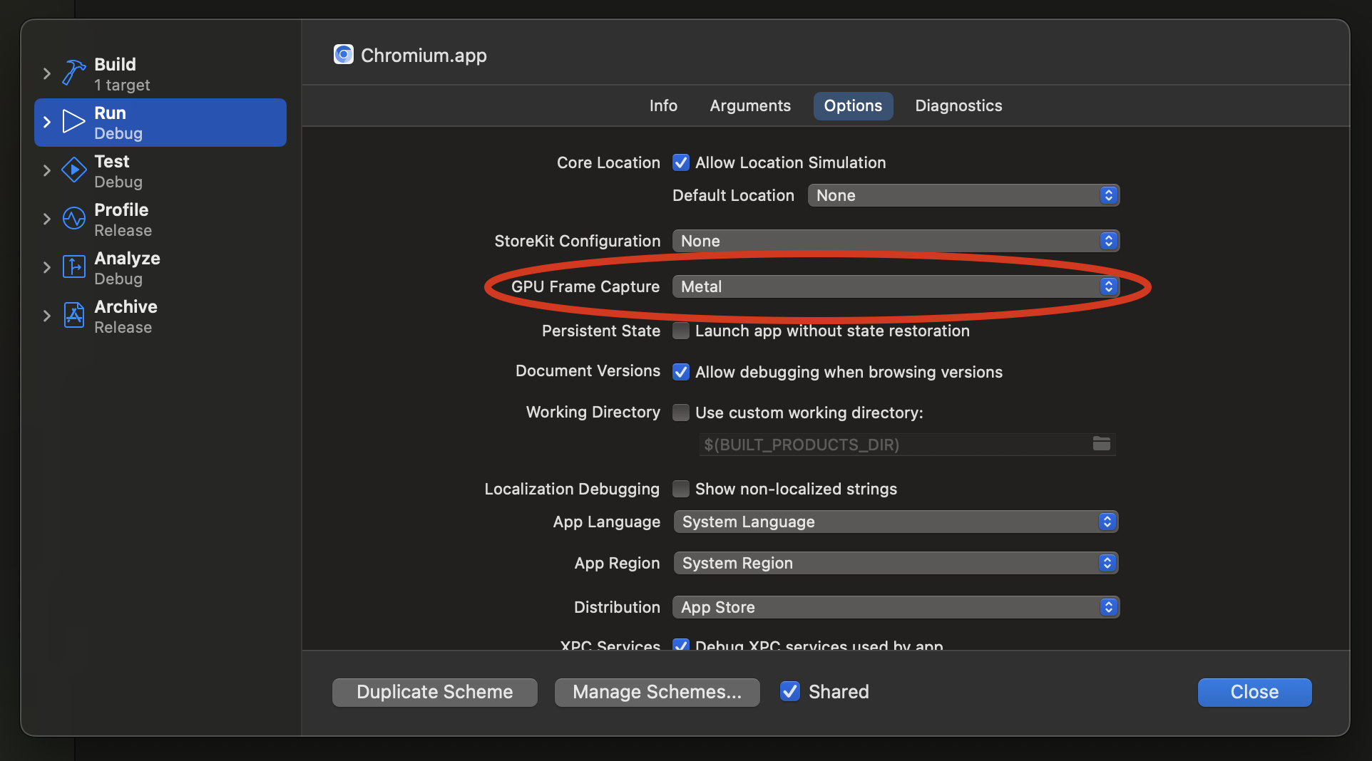 Xcode Scheme Options tab